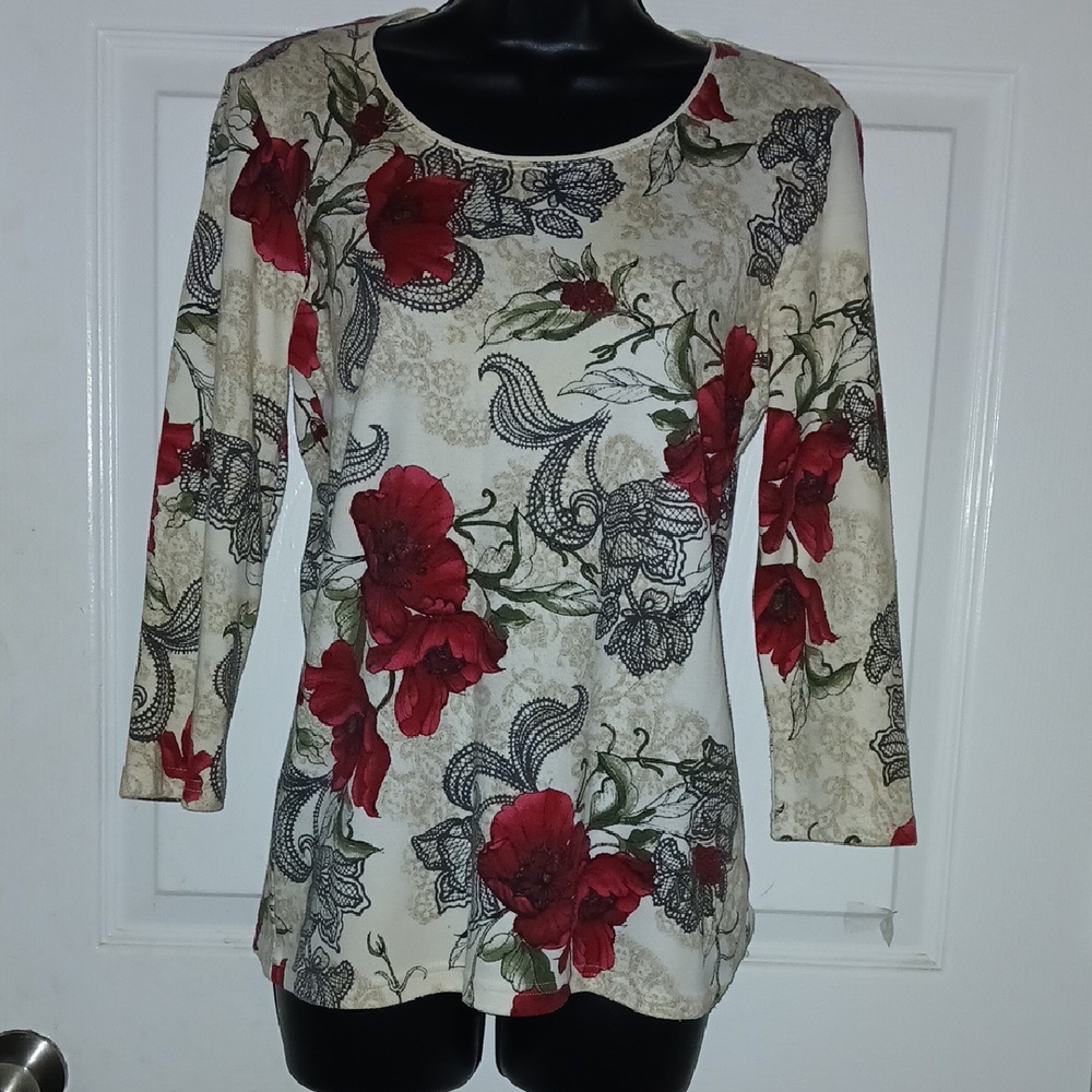 Floral Red and Cream Women's Top